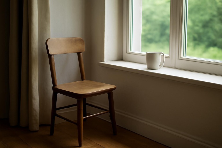 A small wooden chair by a window with a mug on the windowsill